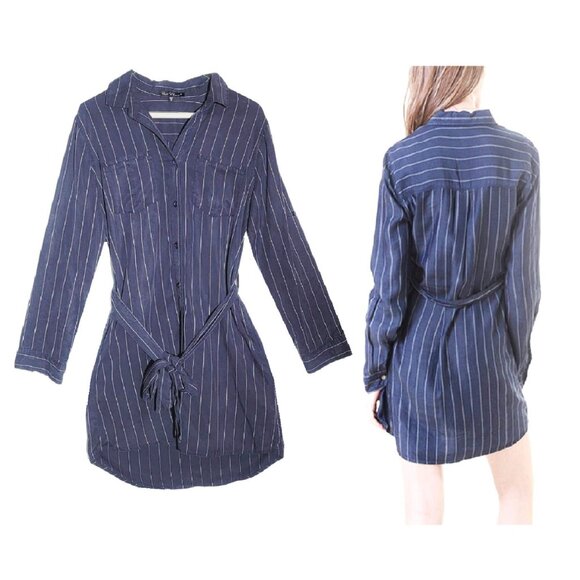 Velvet Heart Dresses & Skirts - 🤩Womens Roll-Sleeve Shirt Dress S Velvet Heart Stripe Gray White button front🤩